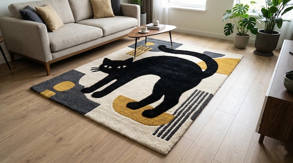 9x12 ft Hand Tufted Wool Black Cat Rug – Abstract Nordic Carpet for Living Room