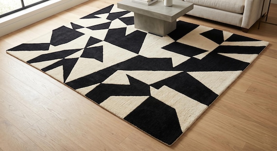 9x12 ft Hand Tufted Wool Geometric Rug Modern Abstract Carpet Black White Living Room