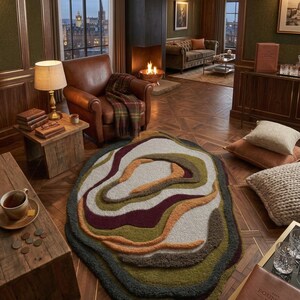 This image features a unique, irregularly shaped tufted area rug lying flat on a light oak wood floor in a cozy, modern bedroom. The rug has an organic, freeform silhouette with wavy edges, resembling a topographical map or an abstract geode slice. It boasts a deeply textured, high-low pile with swirling, 3D carved bands of color that create a tactile, contoured look