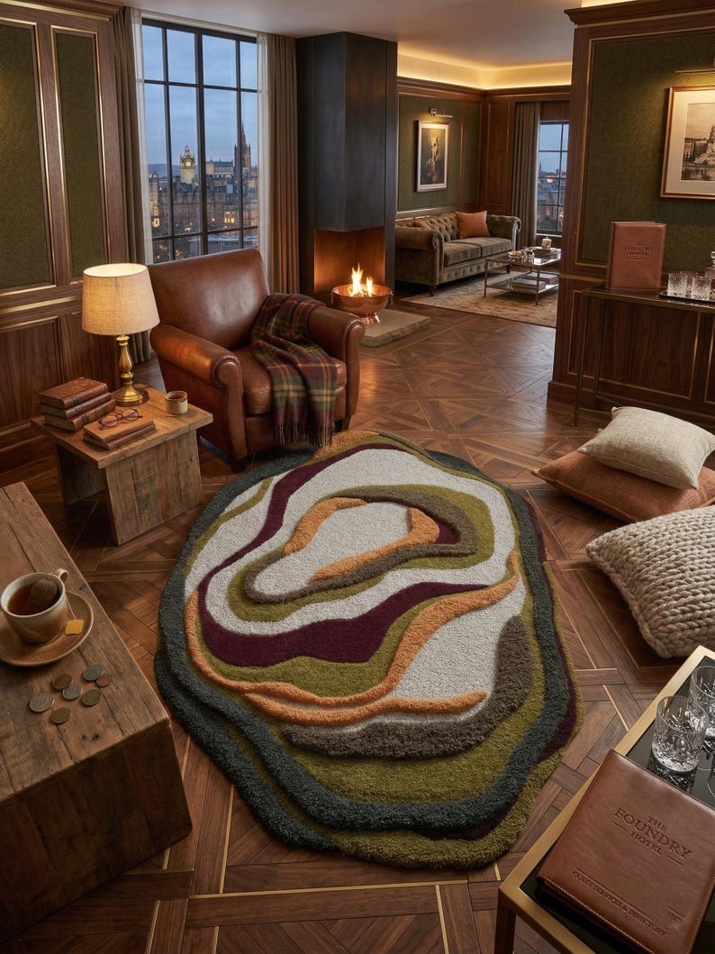 This image features a unique, irregularly shaped tufted area rug lying flat on a light oak wood floor in a cozy, modern bedroom. The rug has an organic, freeform silhouette with wavy edges, resembling a topographical map or an abstract geode slice. It boasts a deeply textured, high-low pile with swirling, 3D carved bands of color that create a tactile, contoured look