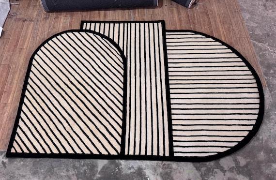 5X8 ft Modern Abstract Geometric Rug Black Cream Tufted Area Rug Minimalist Striped Carpet