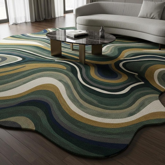 Hand-Tufted Wool Rug, Abstract Green Irregular Shape, Modern Carpet