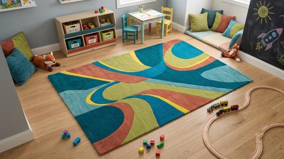 Hand-Tufted Wool Playroom Rug, Abstract Geometric Nursery Carpet