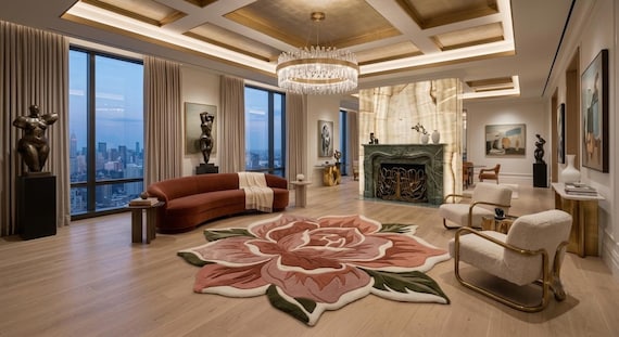 Flower Shaped Rug, Hand Tufted Pink Rose Rug, Irregular Floral Area Carpet, Pink Petal Rug with Green Leaves, Statement Bedroom Decor