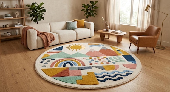 Hand Tufted Wool Round Rug, Geometric Rainbow Playroom Carpet, Scandinavian Kids Area Rug