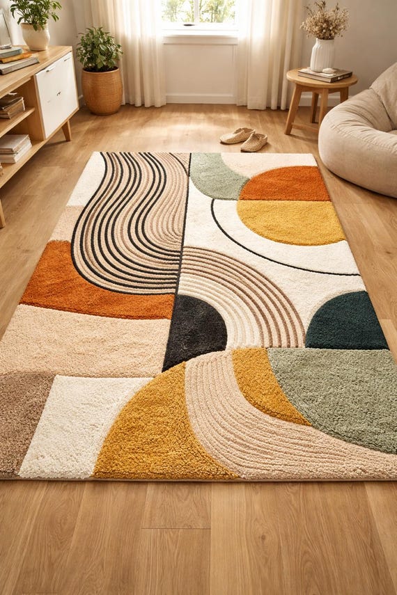 Modern Abstract Area Rug, Geometric Mid Century Style, Earthy Tones