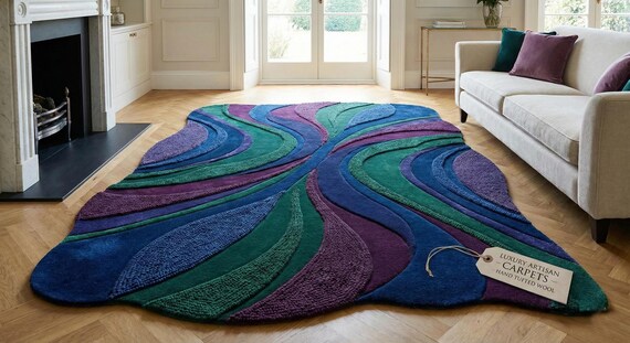 12x15ft 9x12ft Hand Tufted Wool Area Rug: Abstract Sculpted Blue, Green, Purple Carpet