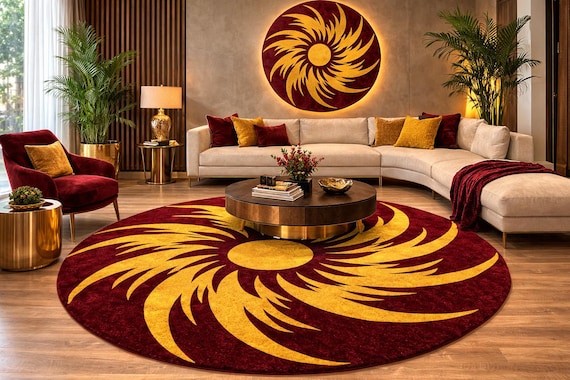8x8 ft Luxury Red Gold Sunburst Round Rug Modern Abstract Circle Carpet Elegant Living