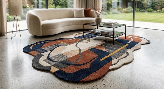 Hand Tufted Wool Area Rug, Irregular Abstract Artistic Carpet, Custom Size Living Room Rug