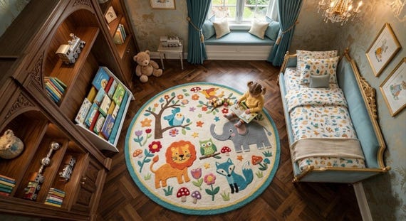 Hand-Tufted Wool Round Rug, Woodland Nature-Inspired Area Rug