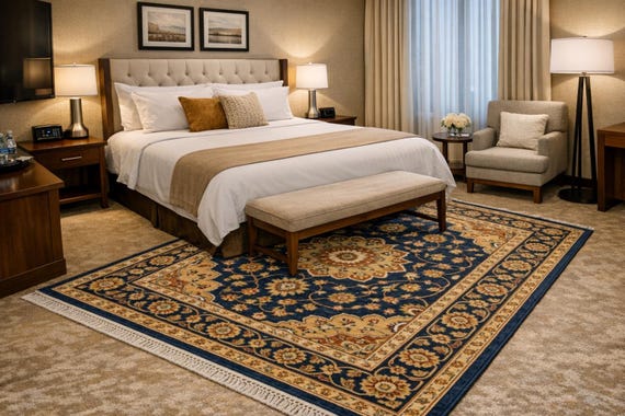 Hand Knotted Wool Area Rug – Navy Blue Oriental Floral Design