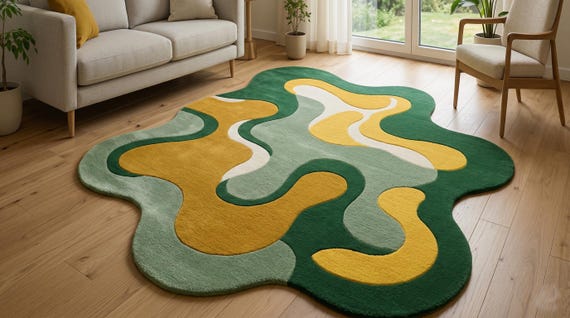 9x12 ft Hand-Tufted Abstract Organic Rug Green Mustard Plush Living Room Carpet