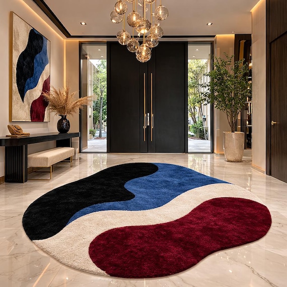 9x9 ft Abstract Irregular Shape Rug Modern Area Rug Red Blue Black Cream Carpet