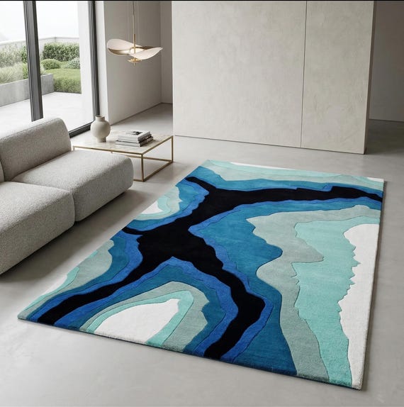 9x12 ft Modern Abstract Blue Area Rug | Turquoise Navy Geode Ocean Wave Carpet