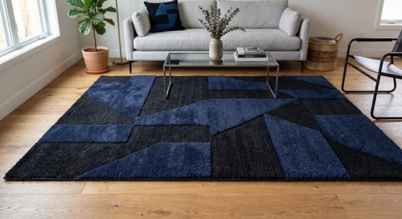 9x12 ft Modern Navy Black Geometric Rug: Abstract Hand-Tufted Area Carpet