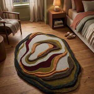 This image features a unique, irregularly shaped tufted area rug lying flat on a light oak wood floor in a cozy, modern bedroom. The rug has an organic, freeform silhouette with wavy edges, resembling a topographical map or an abstract geode slice. It boasts a deeply textured, high-low pile with swirling, 3D carved bands of color that create a tactile, contoured look