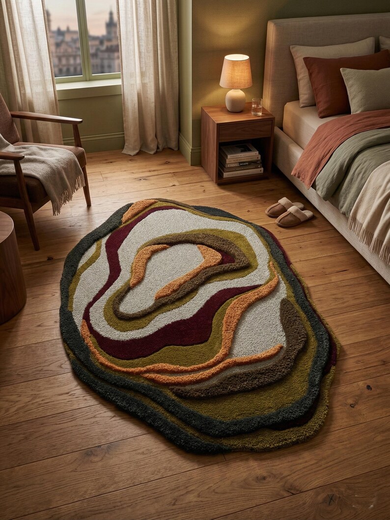 This image features a unique, irregularly shaped tufted area rug lying flat on a light oak wood floor in a cozy, modern bedroom. The rug has an organic, freeform silhouette with wavy edges, resembling a topographical map or an abstract geode slice. It boasts a deeply textured, high-low pile with swirling, 3D carved bands of color that create a tactile, contoured look