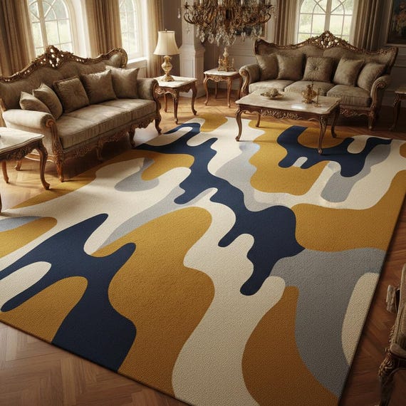 Modern Abstract Area Rug: Mustard Yellow, Navy Blue Fluid Pattern Carpet