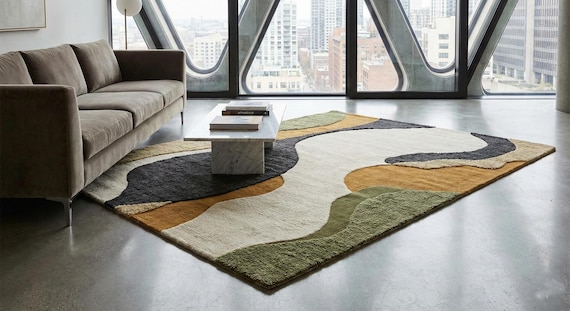 Hand Tufted Wool Abstract Area Rug: Organic Shape, Olive Mustard Beige Carpet