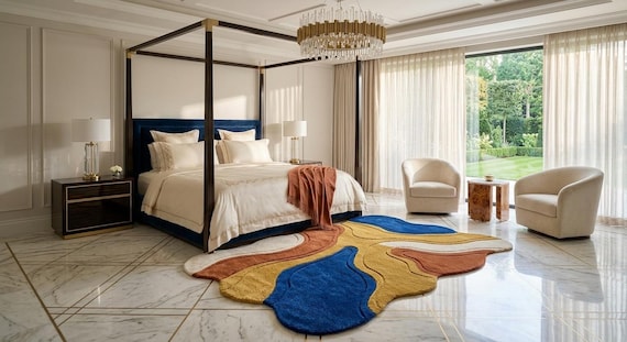 Abstract Wave Wool Rug, Blue Gold Terracotta Area Carpet, Irregular Shaped Floor Decor