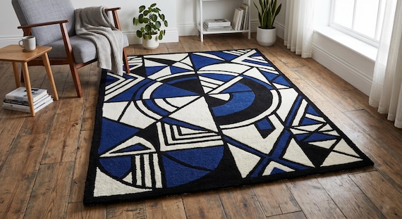 9x12 ft rug Hand Tufted Wool Rug Geometric Blue Black Carpet Modern Living Room