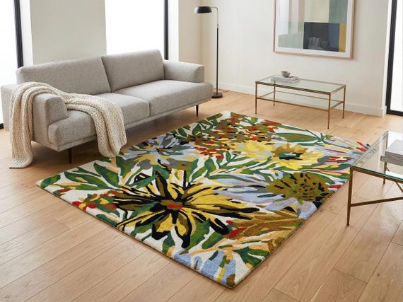 8x10 ft Vibrant Abstract Floral Area Rug Yellow Green Botanical Tufted Carpet (9x12 ft)