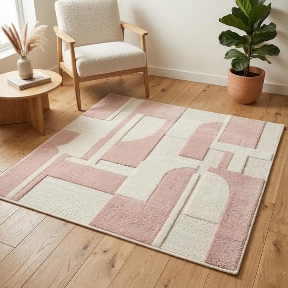 Blush Pink Abstract Wool Rug: HandTufted Geometric Modern Carpet