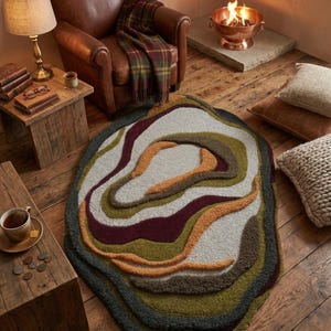 This image features a unique, irregularly shaped tufted area rug lying flat on a light oak wood floor in a cozy, modern bedroom. The rug has an organic, freeform silhouette with wavy edges, resembling a topographical map or an abstract geode slice. It boasts a deeply textured, high-low pile with swirling, 3D carved bands of color that create a tactile, contoured look