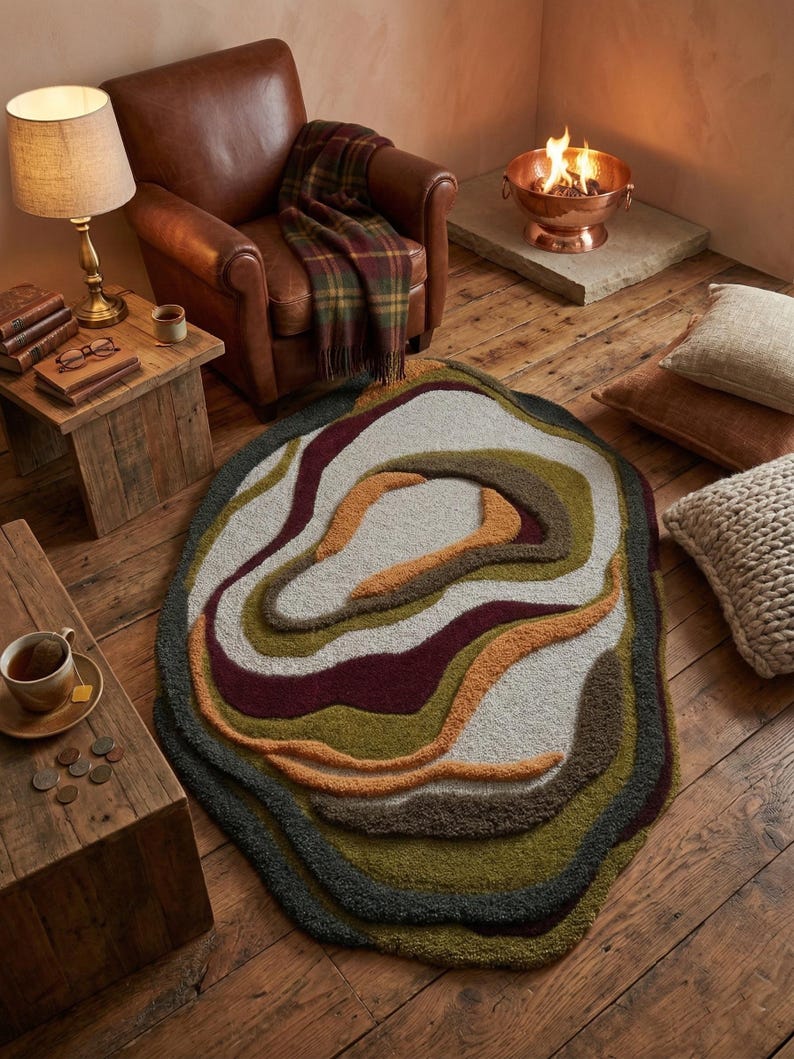 This image features a unique, irregularly shaped tufted area rug lying flat on a light oak wood floor in a cozy, modern bedroom. The rug has an organic, freeform silhouette with wavy edges, resembling a topographical map or an abstract geode slice. It boasts a deeply textured, high-low pile with swirling, 3D carved bands of color that create a tactile, contoured look