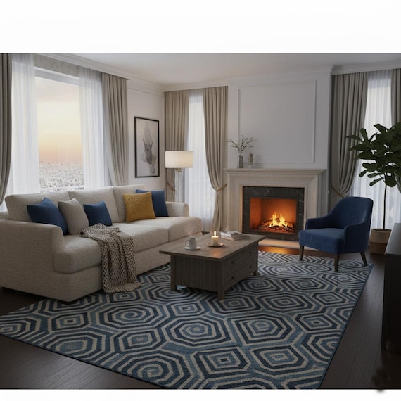 Hand Tufted Blue Geometric Area Rug – Modern Living Room Carpet