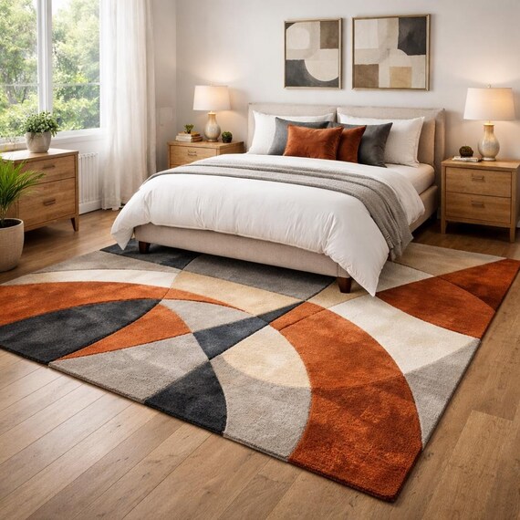 5x8 ft Modern Abstract Geometric Area Rug: Orange, Gray, Cream Contemporary Carpet