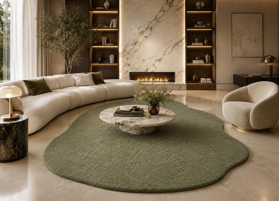 Hand Tufted Sage Green Organic Shape Wool Rug – Boho Minimalist Floor Accent (9x12 ft)