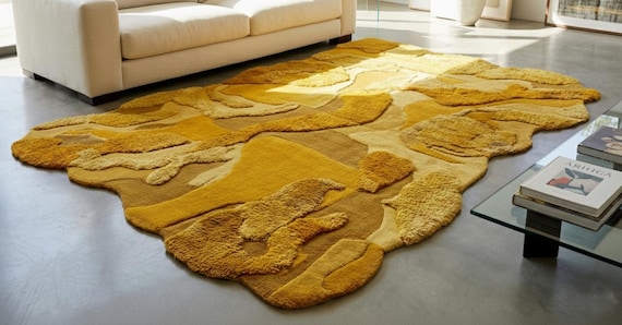 12x15 ft Hand Tufted Wool Rug, Mustard Yellow Abstract Irregular Shape