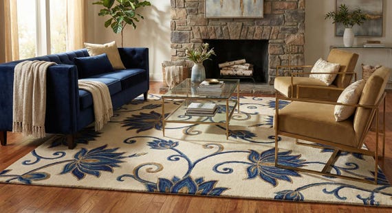 Hand Tufted Wool Rug, Blue Floral Persian Style Carpet, Luxury Living Room Home Decor