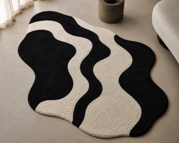 Black Cream Abstract Wavy Rug: Modern Organic Statement Floor Decor 9x12 ft