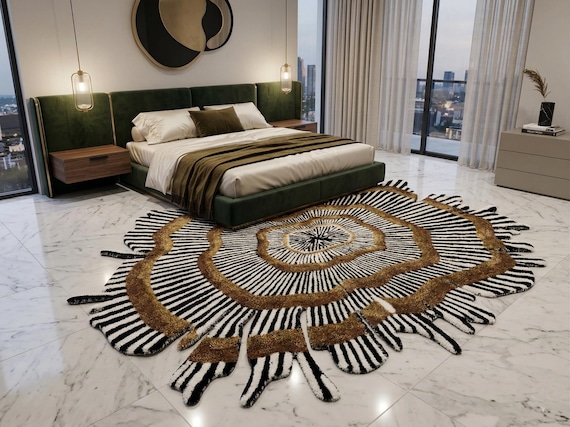 9x12 ft Irregular Shape Zebra Rug Black White Gold Statement Carpet Modern Living Room