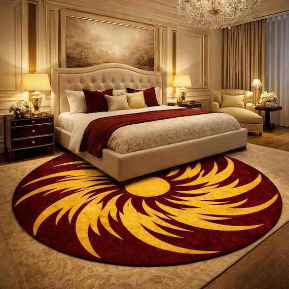 Hand Tufted Wool Sunburst Rug, Round Red Gold Carpet, Modern Luxury Area Rug