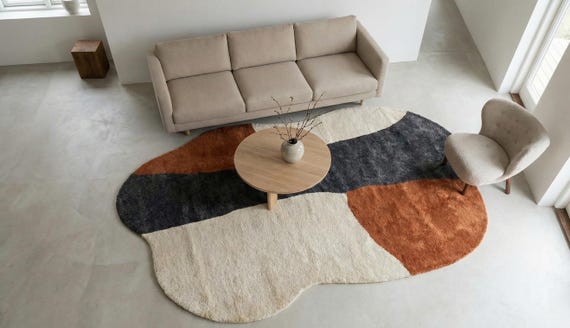 9x12 ft 8x10 ft Hand Tufted Wool Rug – Cream, Rust & Charcoal Abstract Area Carpet