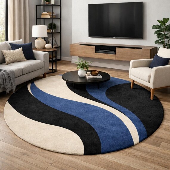 8x8 Modern Abstract Round Rug: Blue, Black, Cream Wave Pattern Tufted Area Rug