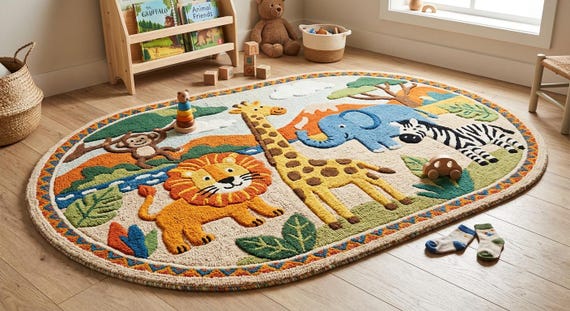 Hand Tufted Wool Safari Animal Rug, Jungle Playroom Carpet, Kids Room Decor