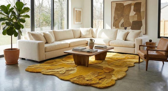 Hand Tufted Wool Rug, Mustard Yellow Abstract Irregular Shape