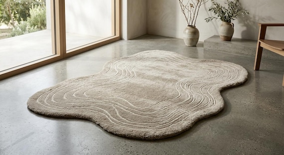 Handmade Organic Wool Area Rug, Abstract Wavy Contour Design, Minimalist Floor Decor