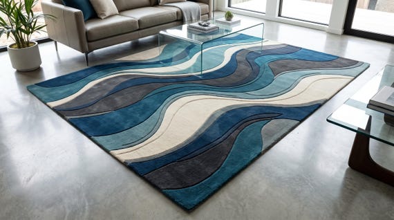 9x12 ft big room Teal Blue Wave Area Rug Modern Abstract Living Room Carpet