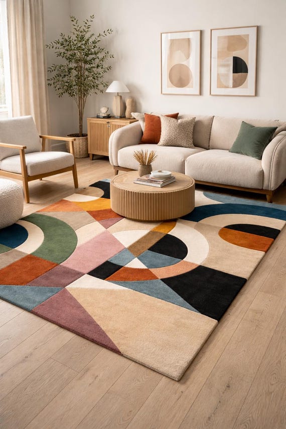 Hand Knotted Wool Rug | Modern Geometric Carpet, Abstract Design
