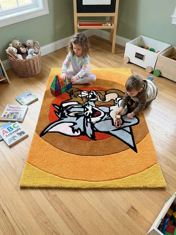 Retro Cartoon Cat and Mouse Tufted Rug Nostalgic Kids Playroom Carpet Vibrant Orange Nursery Floor Mat Aesthetic Fun Play Area Decor