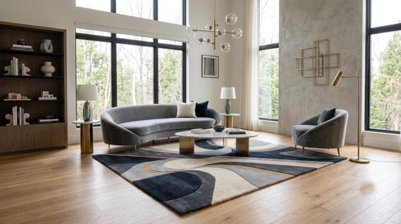 Hand Tufted Wool Abstract Rug, Modern Geometric Living Room Carpet, Navy Gray Cream
