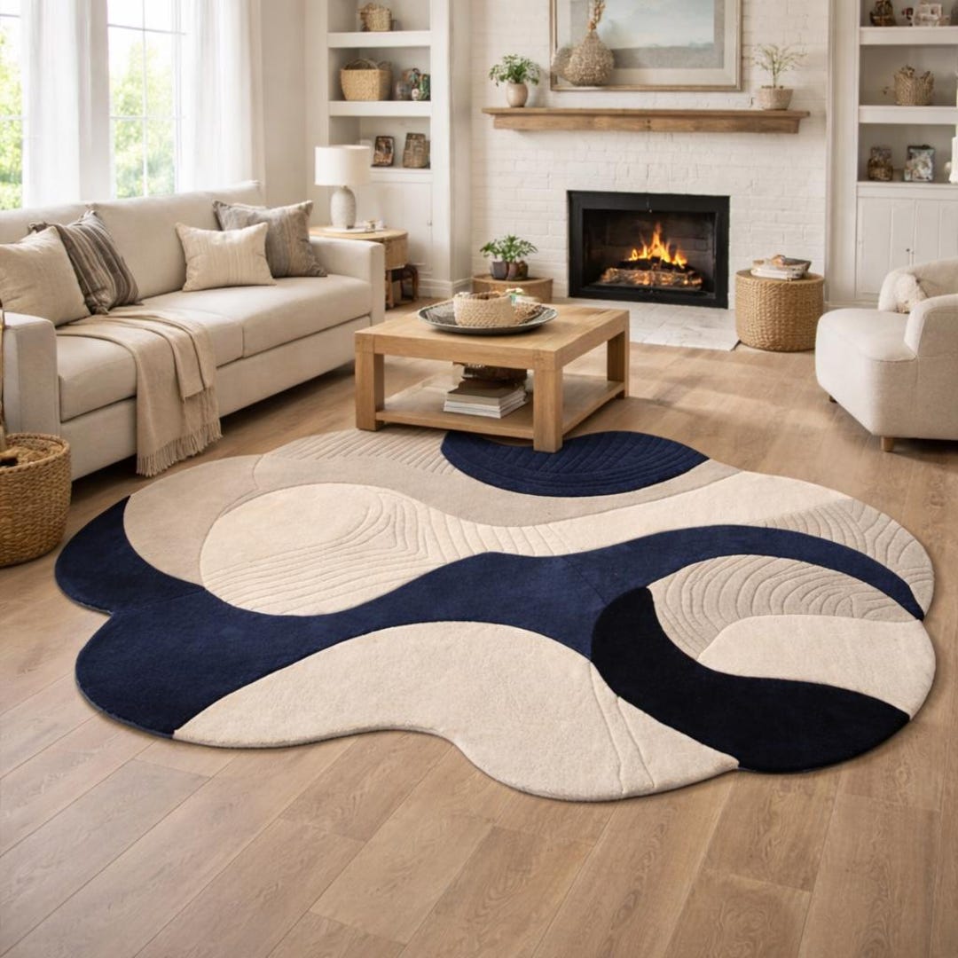 9x12 Hand Tufted Abstract Wavy Navy Blue Cream Irregular Area Rug ...