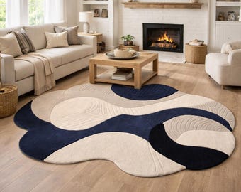 9x12 Hand Tufted Abstract Wavy Navy blue Cream Irregular Area Rug Modern Shape Carpet