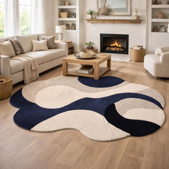 9x12 Hand Tufted Abstract Wavy Navy blue Cream Irregular Area Rug Modern Shape Carpet