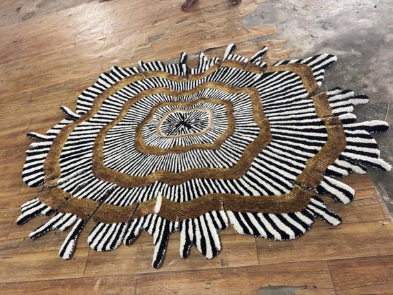 Hand Tufted Wool Sunburst Rug, Black White Gold Abstract Carpet, Irregular Designer Area Rug